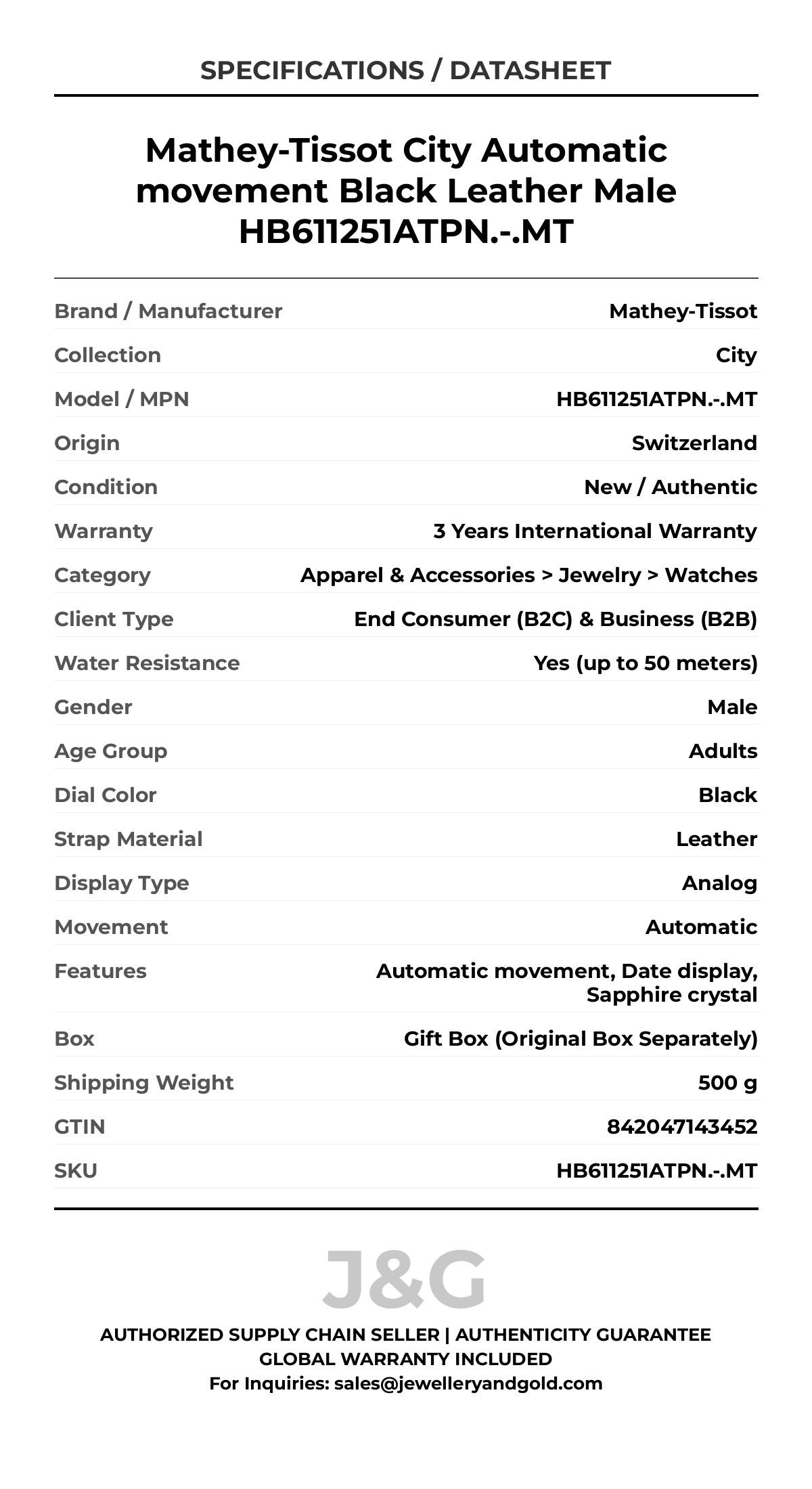 Mathey-Tissot City Automatic movement Black Leather Male HB611251ATPN.-.MT - Specifications