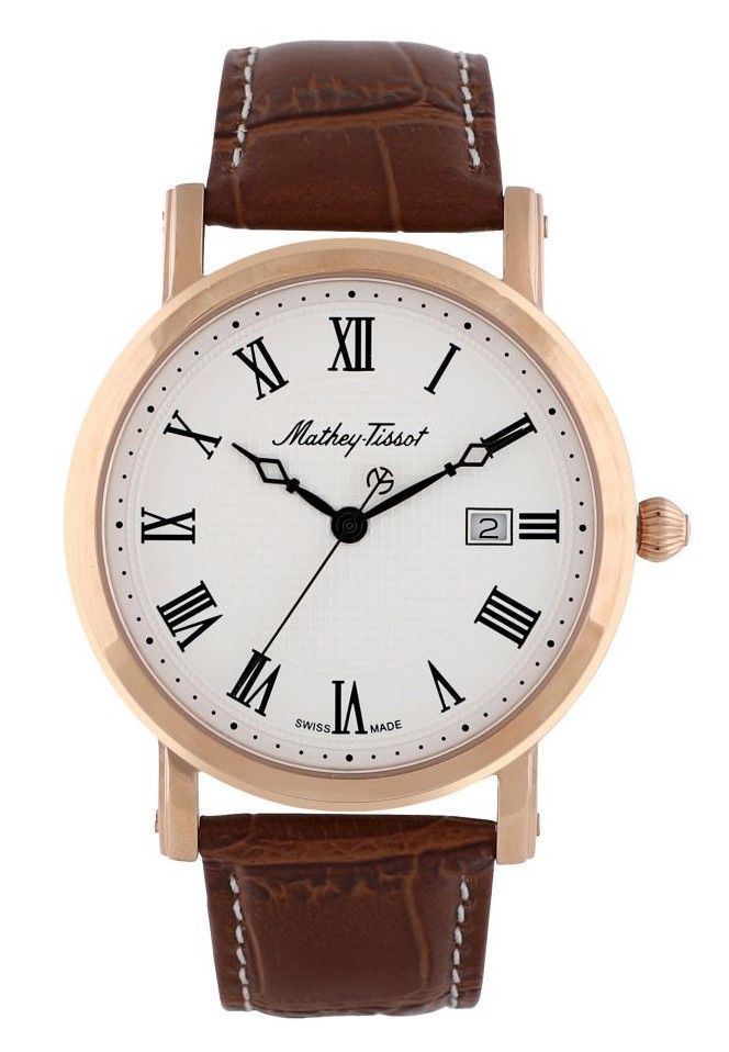 Mathey-Tissot City Date display White Leather Male HB611251PBR.-.MT. A brand-new Mathey-Tissot City watch featuring a White dial and a Leather strap. Side view.