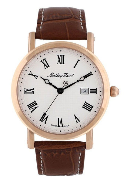 Mathey-Tissot City Date display White Leather Male HB611251PBR.-.MT. A brand-new Mathey-Tissot City watch featuring a White dial and a Leather strap. Side view.