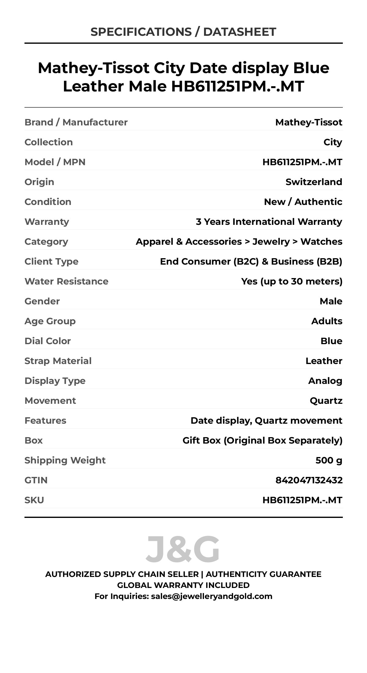 Mathey-Tissot City Date display Blue Leather Male HB611251PM.-.MT - Specifications