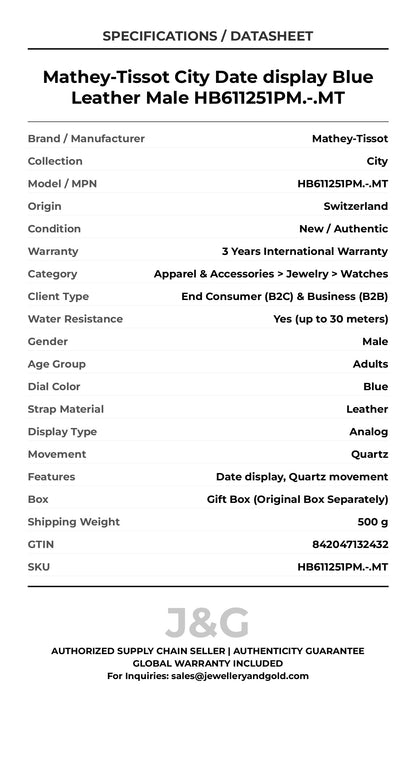 Mathey-Tissot City Date display Blue Leather Male HB611251PM.-.MT - Specifications
