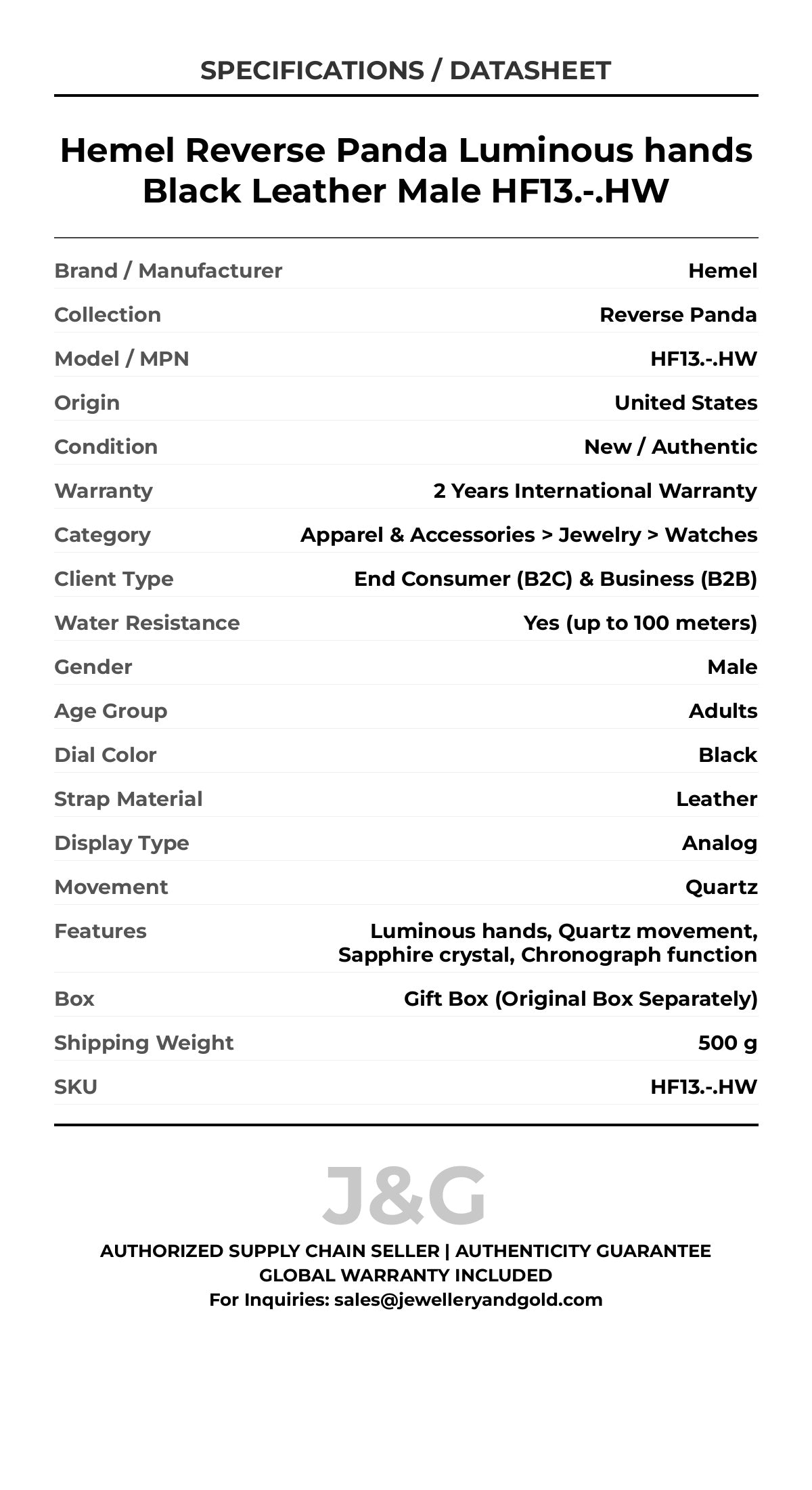 Hemel Reverse Panda Luminous hands Black Leather Male HF13.-.HW - Specifications