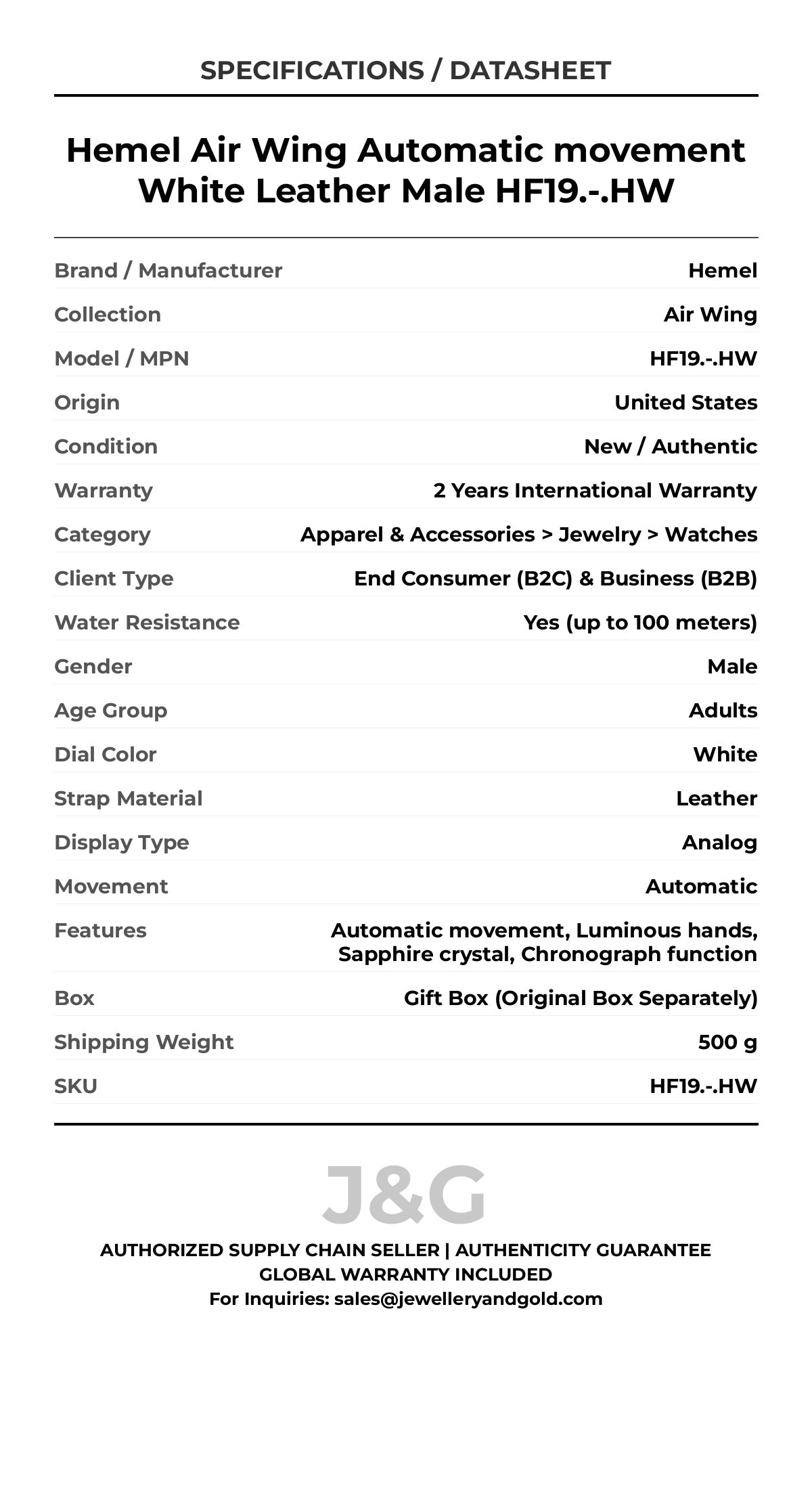 Hemel Air Wing Automatic movement White Leather Male HF19.-.HW - Specifications