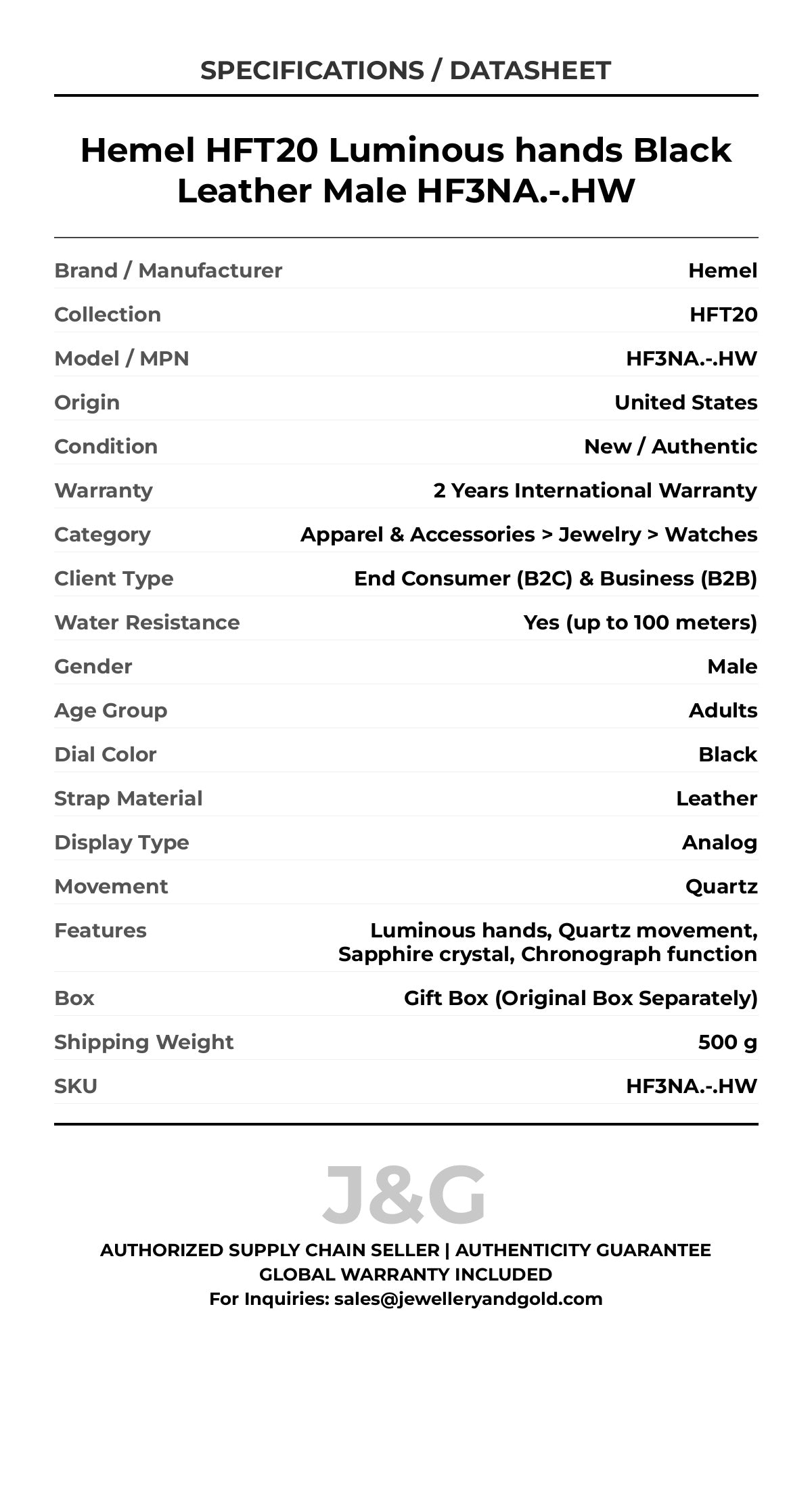 Hemel HFT20 Luminous hands Black Leather Male HF3NA.-.HW - Specifications
