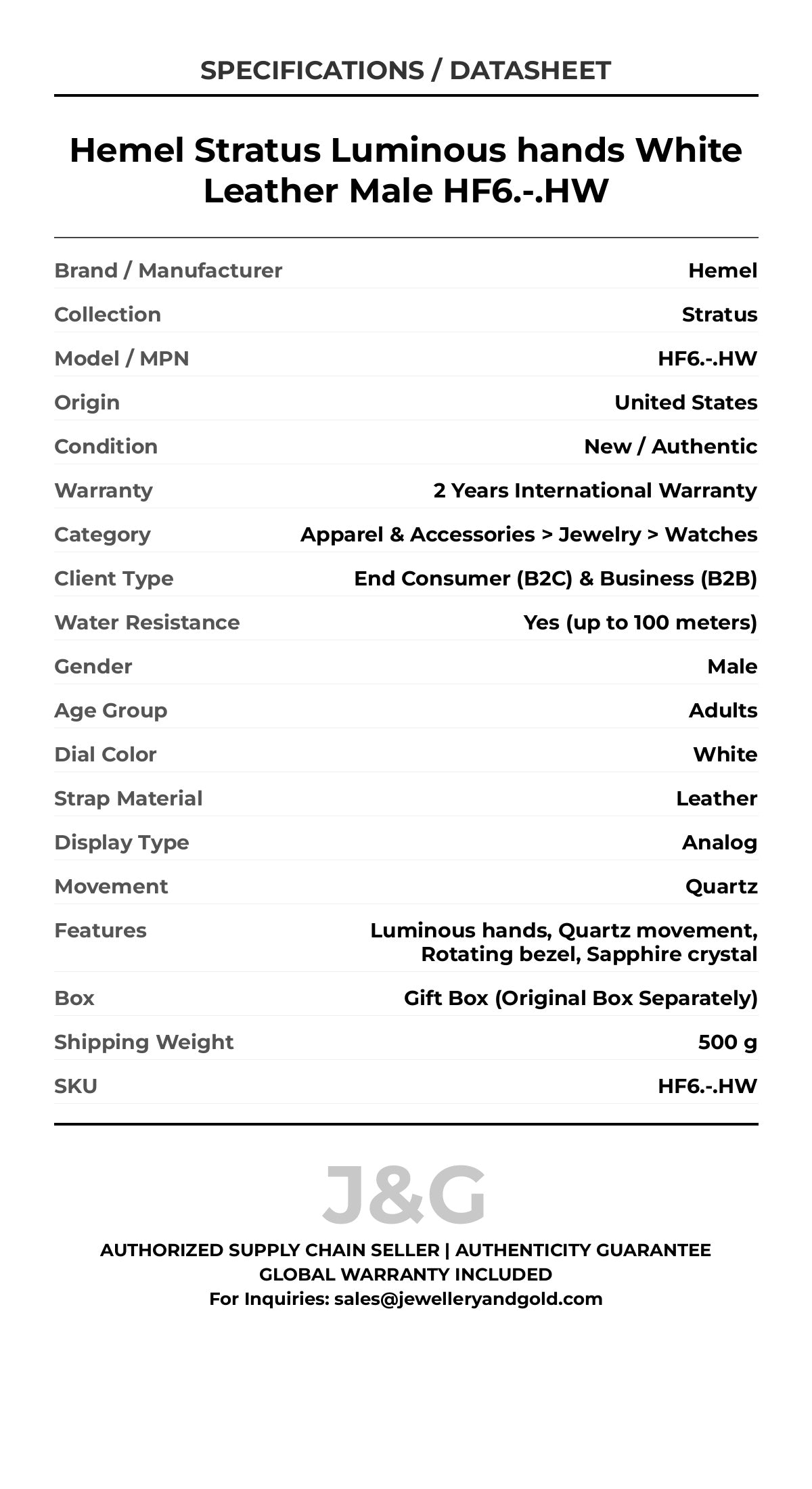 Hemel Stratus Luminous hands White Leather Male HF6.-.HW - Specifications
