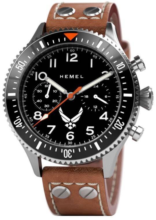 Hemel USAF Special Edition Luminous hands Black Leather Male HFUSAF1-01.-.HW. A brand-new Hemel USAF Special Edition watch featuring a Black dial and a Leather strap. Front view.