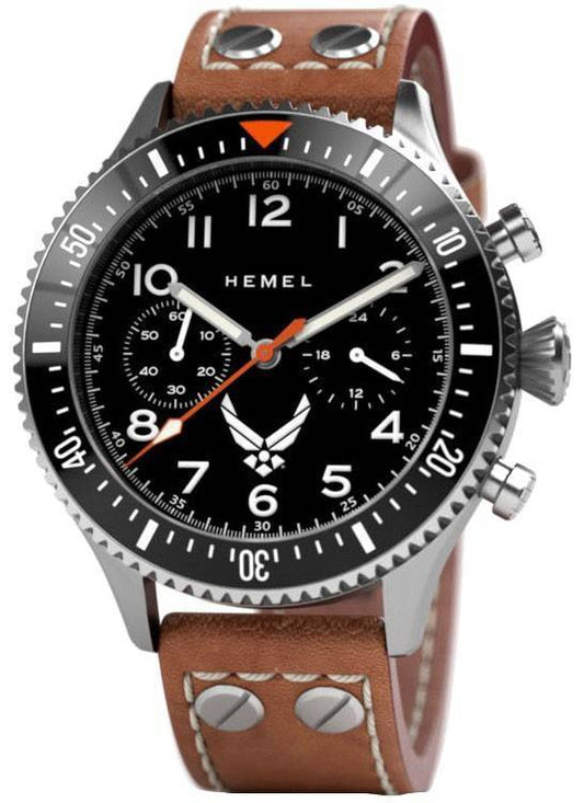 Hemel USAF Special Edition Luminous hands Black Leather Male HFUSAF1-04.-.HW. A brand-new Hemel USAF Special Edition watch featuring a Black dial and a Leather strap. Angled view.