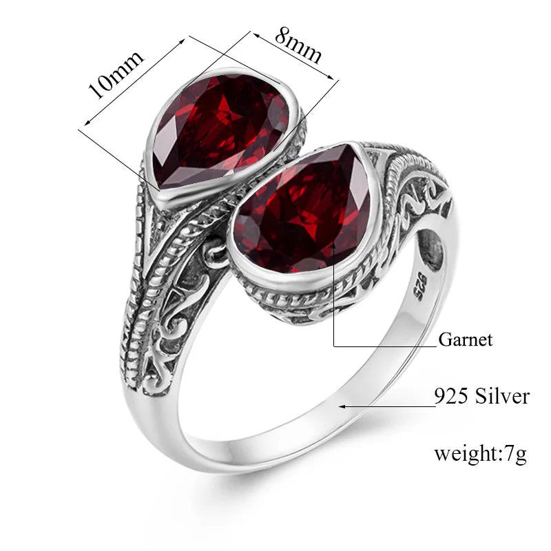 Gothic Tear Drop Garnet Ring – 925 Sterling Silver, Vintage Two-Stone Jewelry, Wife Anniversary Gift