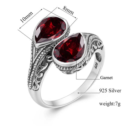 Gothic Tear Drop Garnet Ring – 925 Sterling Silver, Vintage Two-Stone Jewelry, Wife Anniversary Gift