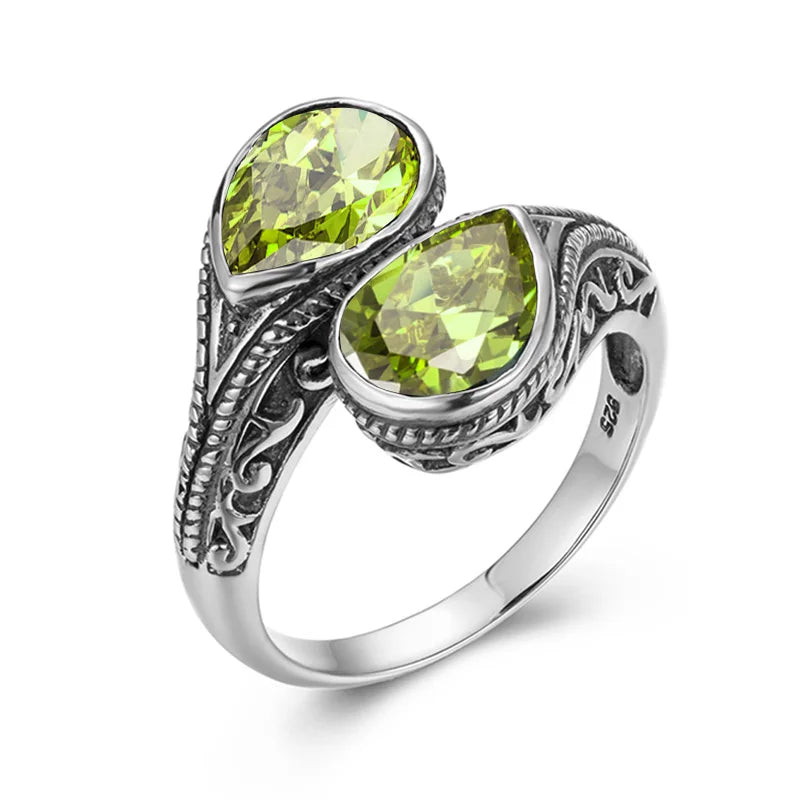 Gothic Tear Drop Garnet Ring – 925 Sterling Silver, Vintage Two-Stone Jewelry, Wife Anniversary Gift