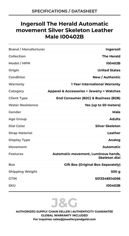 Ingersoll The Herald Automatic movement Silver Skeleton Leather Male I00402B - Specifications