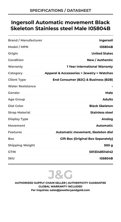 Ingersoll Automatic movement Black Skeleton Stainless steel Male I05804B - Specifications