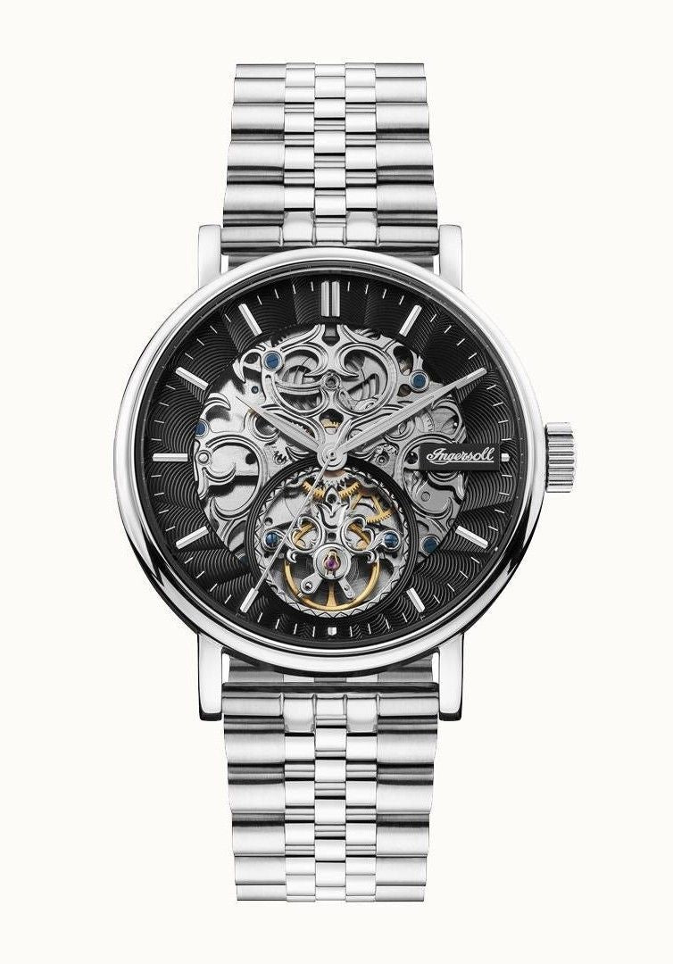 Ingersoll Automatic movement Black Skeleton Stainless steel Male I05804B. A brand-new Ingersoll watch featuring a Black Skeleton dial and a Stainless steel strap. Side view.