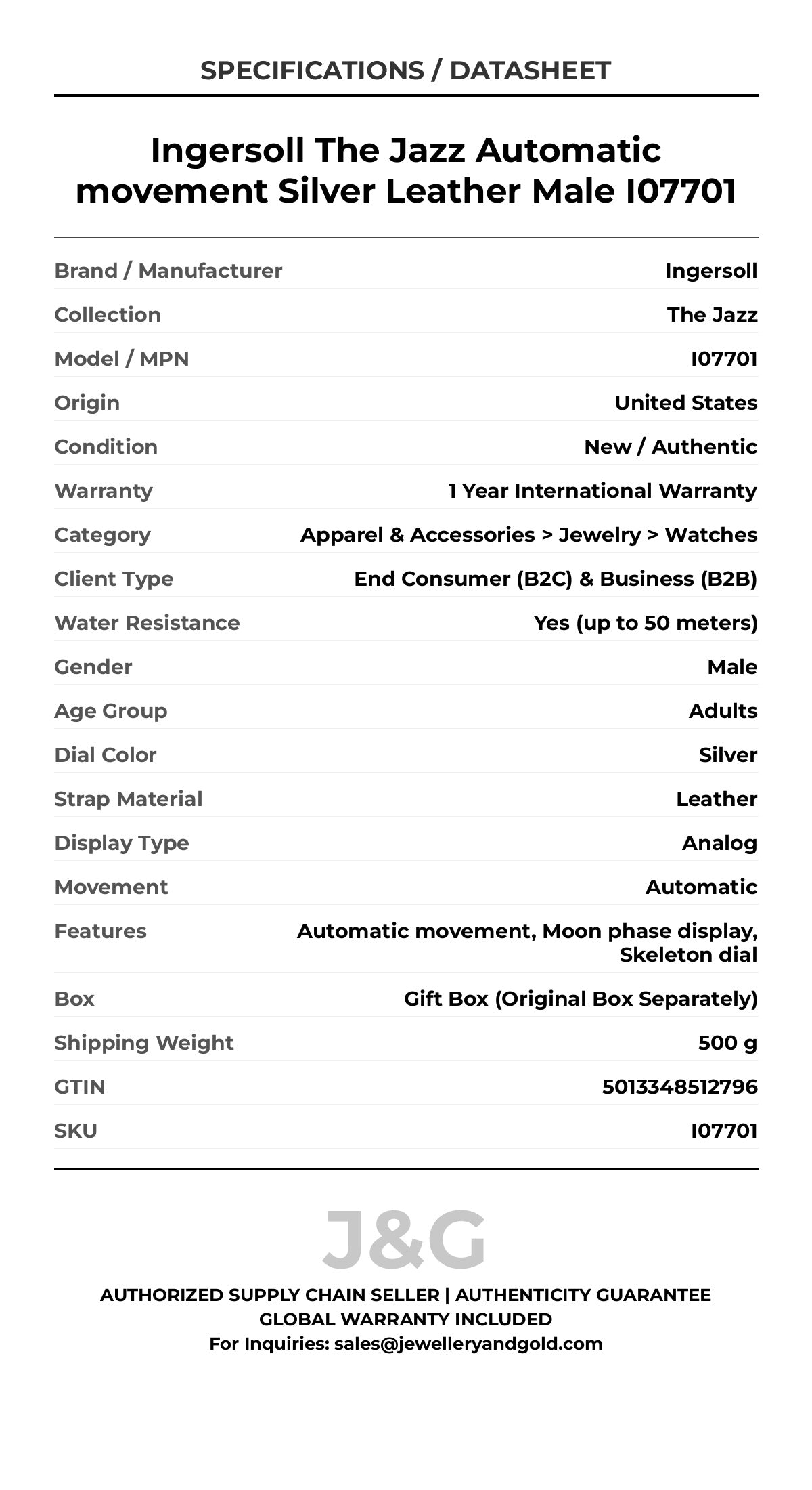 Ingersoll The Jazz Automatic movement Silver Leather Male I07701 - Specifications
