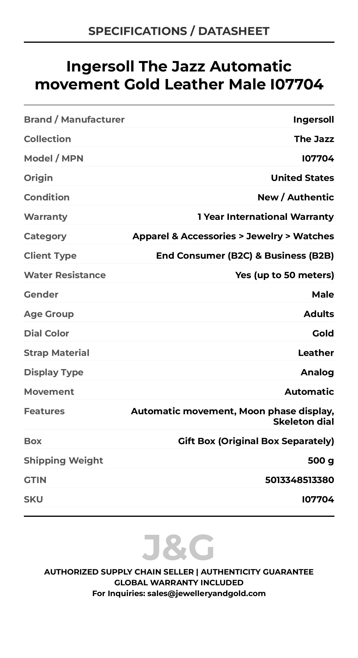 Ingersoll The Jazz Automatic movement Gold Leather Male I07704 - Specifications