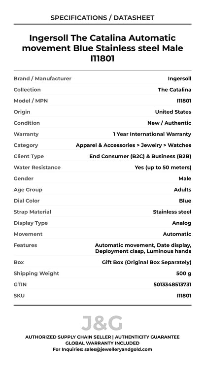 Ingersoll The Catalina Automatic movement Blue Stainless steel Male I11801 - Specifications
