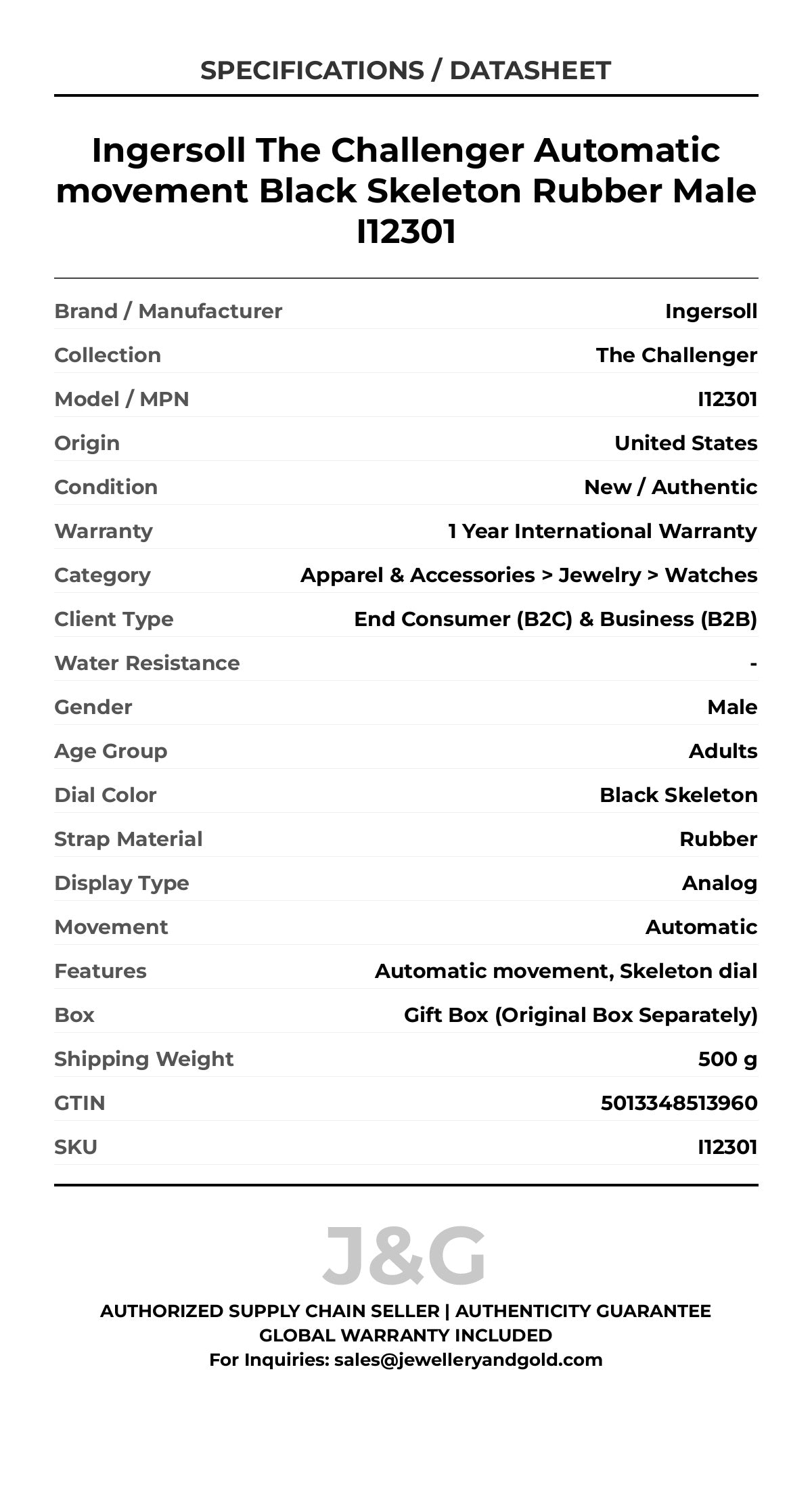 Ingersoll The Challenger Automatic movement Black Skeleton Rubber Male I12301 - Specifications