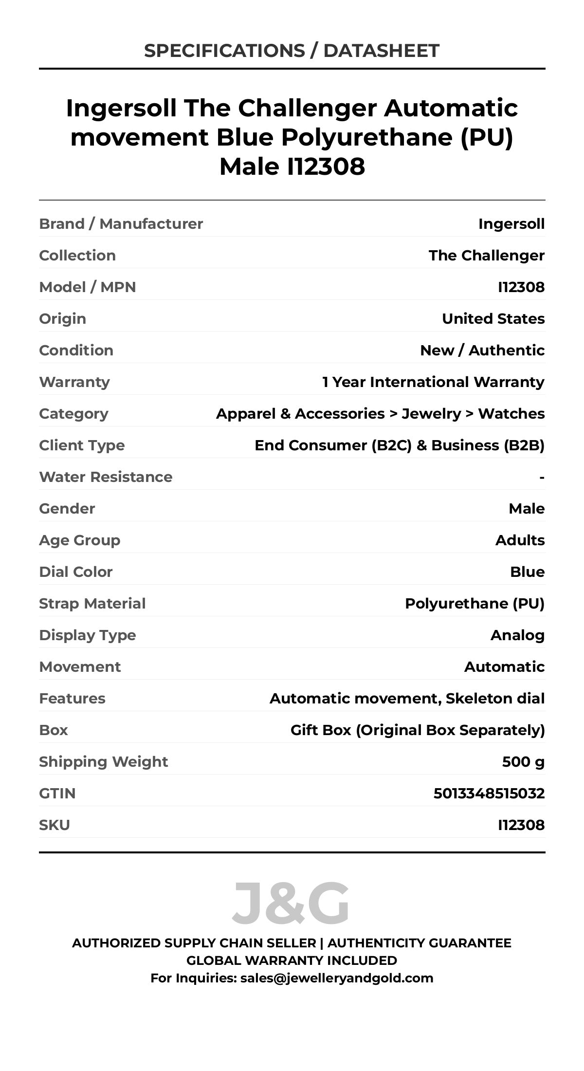 Ingersoll The Challenger Automatic movement Blue Polyurethane (PU) Male I12308 - Specifications