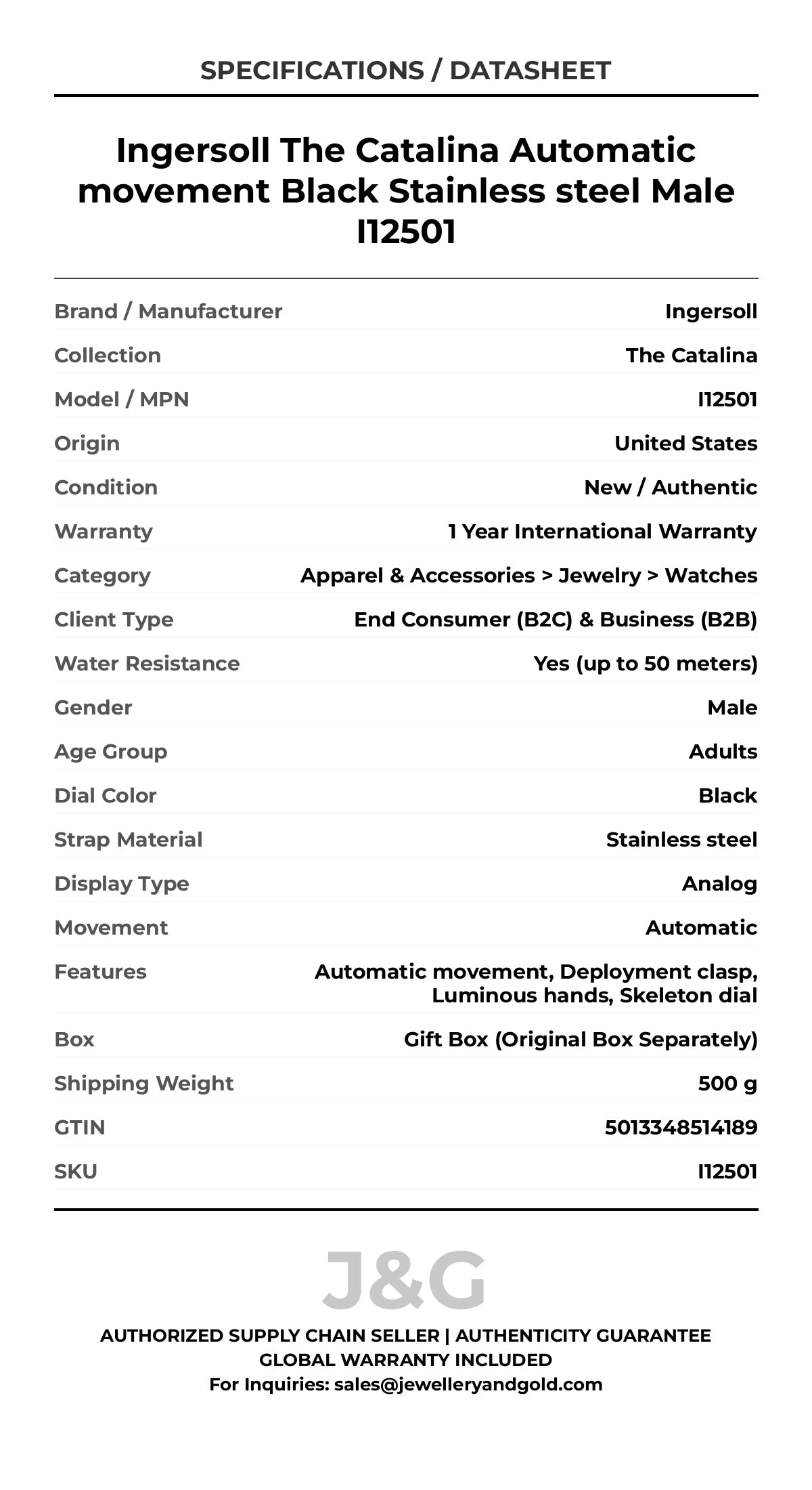 Ingersoll The Catalina Automatic movement Black Stainless steel Male I12501 - Specifications