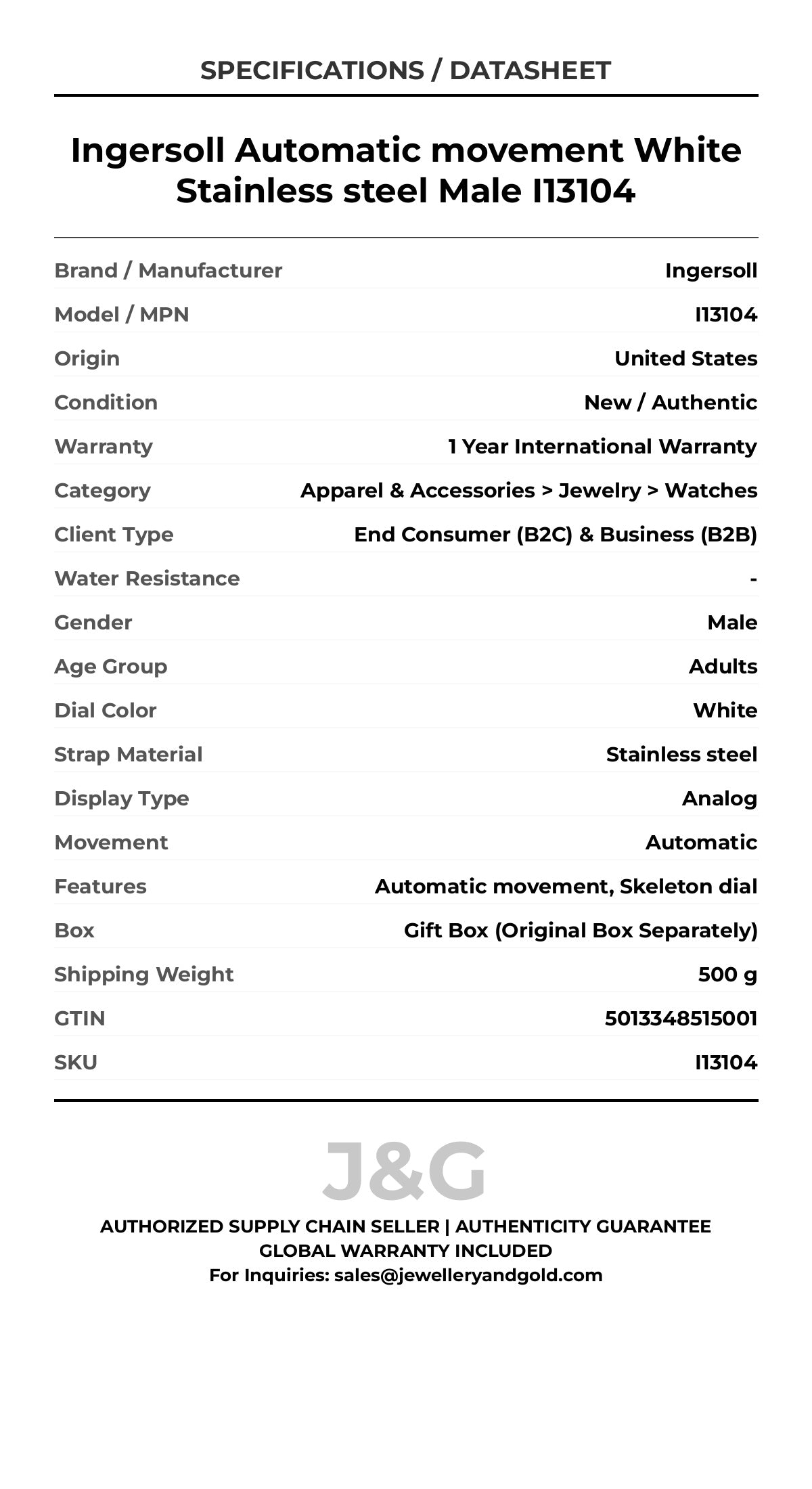 Ingersoll Automatic movement White Stainless steel Male I13104 - Specifications