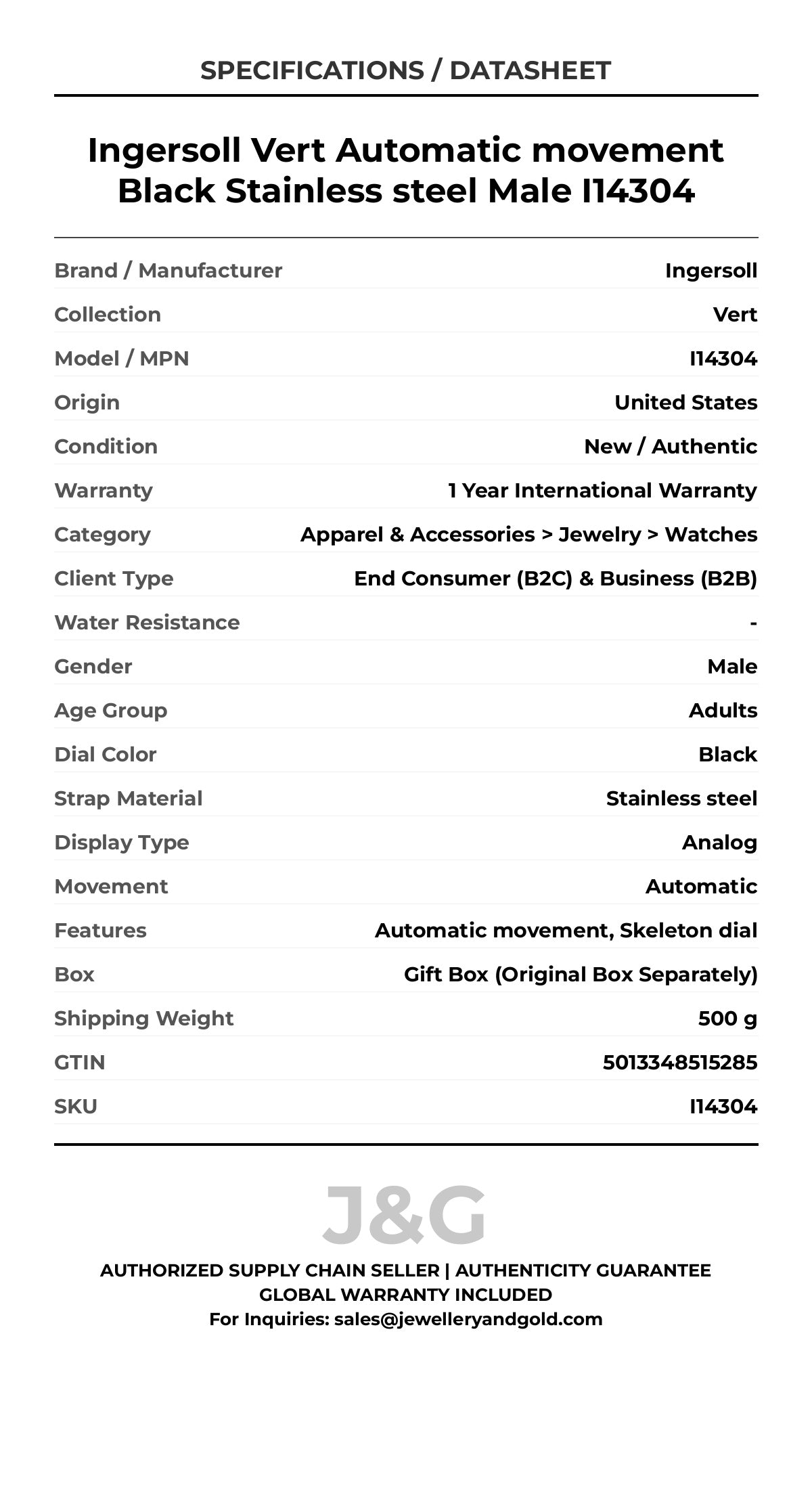 Ingersoll Vert Automatic movement Black Stainless steel Male I14304 - Specifications