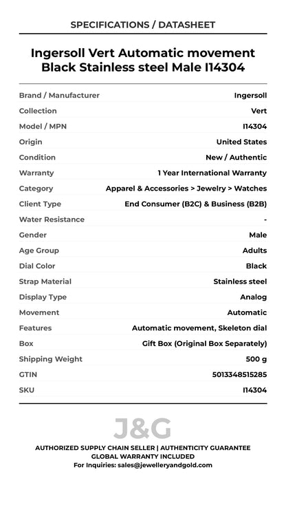 Ingersoll Vert Automatic movement Black Stainless steel Male I14304 - Specifications