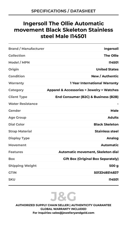 Ingersoll The Ollie Automatic movement Black Skeleton Stainless steel Male I14501 - Specifications