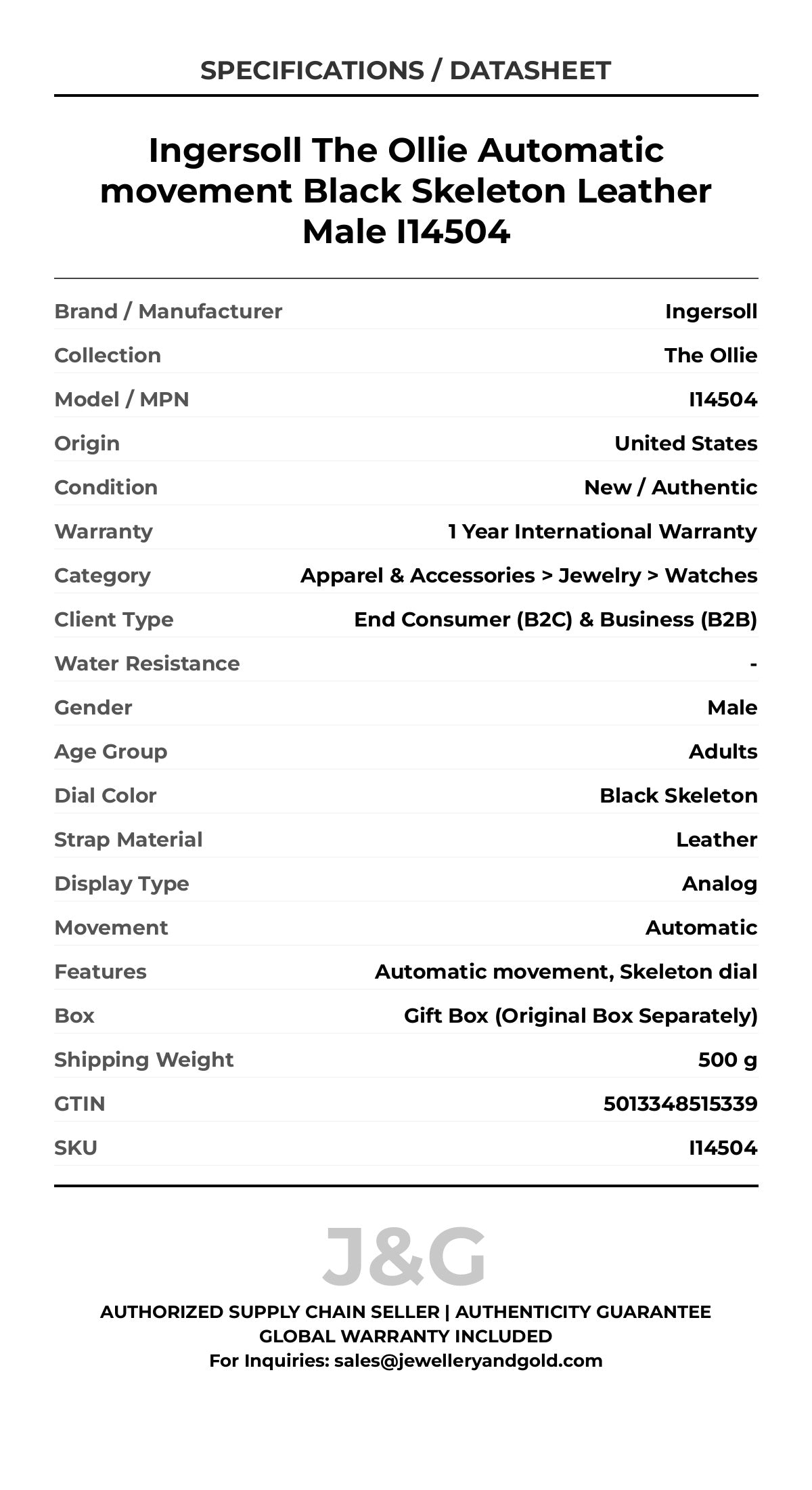 Ingersoll The Ollie Automatic movement Black Skeleton Leather Male I14504 - Specifications