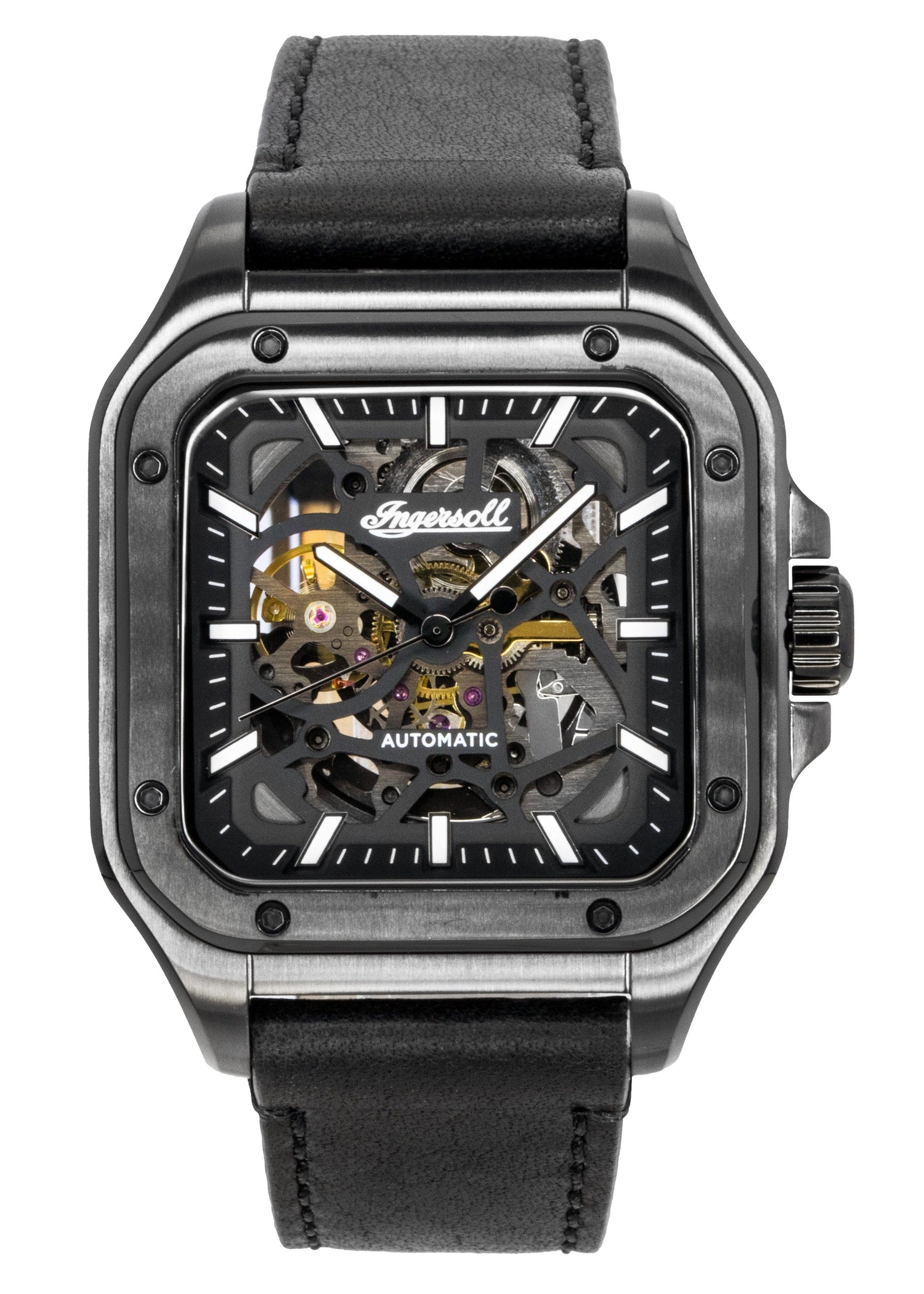 Ingersoll The Ollie Automatic movement Black Skeleton Leather Male I14504. A brand-new Ingersoll The Ollie watch featuring a Black Skeleton dial and a Leather strap. Side view.
