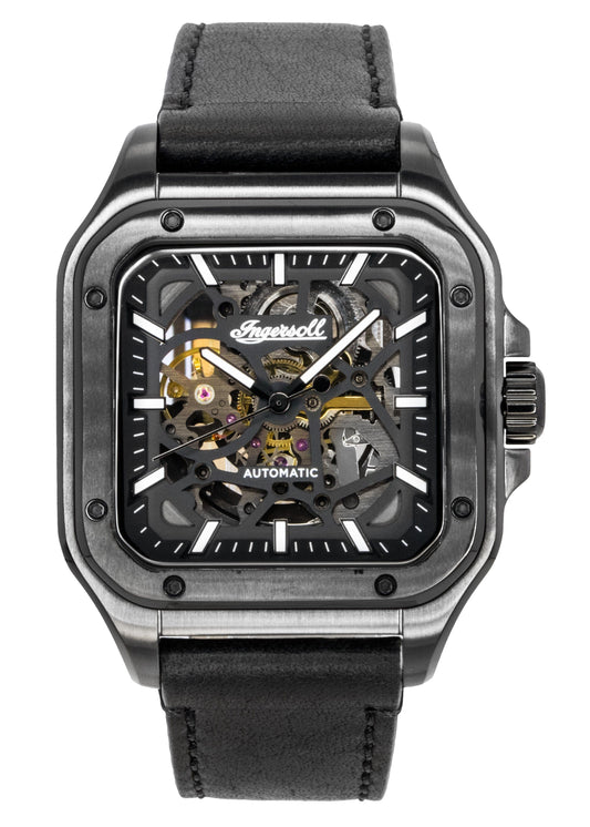 Ingersoll The Ollie Automatic movement Black Skeleton Leather Male I14504. A brand-new Ingersoll The Ollie watch featuring a Black Skeleton dial and a Leather strap. Side view.