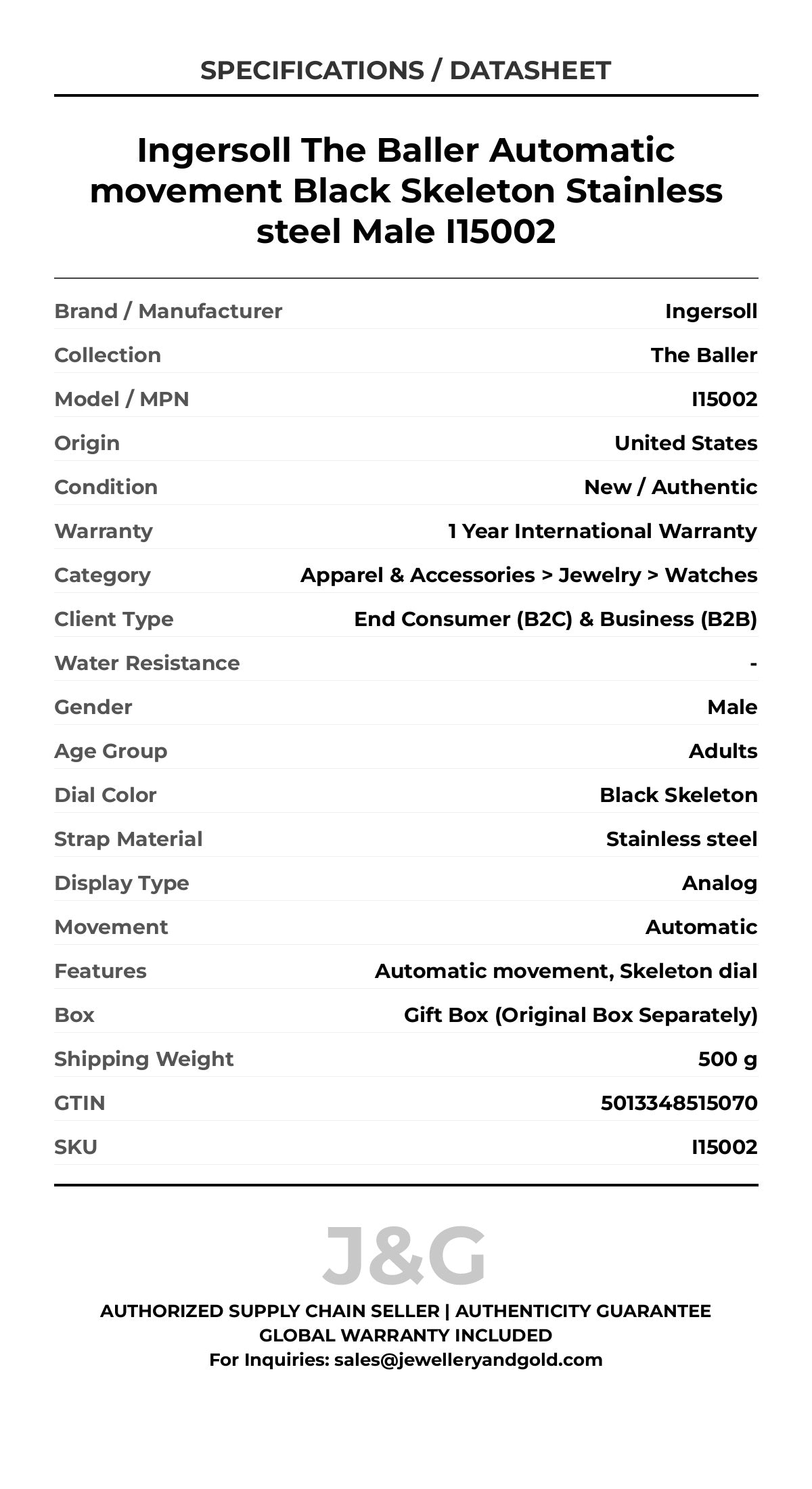 Ingersoll The Baller Automatic movement Black Skeleton Stainless steel Male I15002 - Specifications
