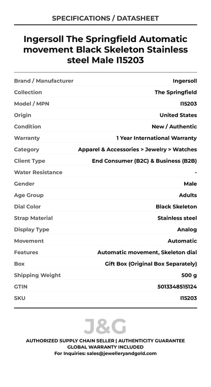 Ingersoll The Springfield Automatic movement Black Skeleton Stainless steel Male I15203 - Specifications