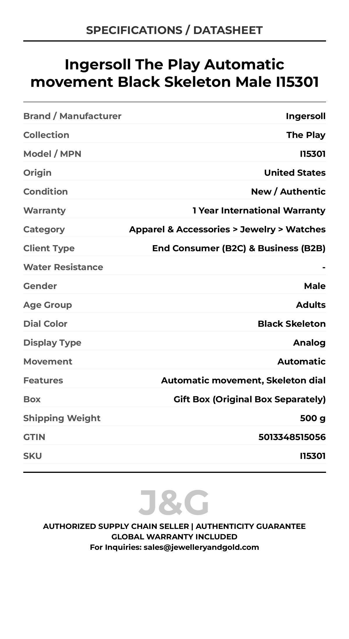 Ingersoll The Play Automatic movement Black Skeleton Male I15301 - Specifications