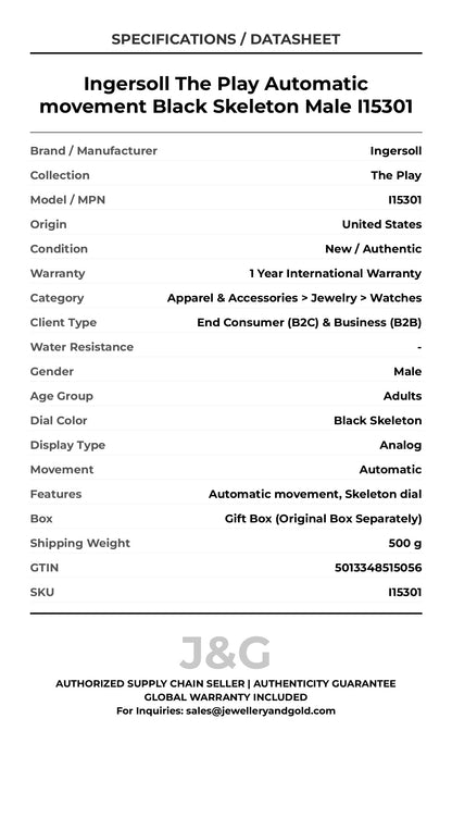 Ingersoll The Play Automatic movement Black Skeleton Male I15301 - Specifications