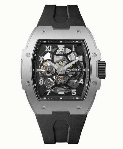 Ingersoll The Play Automatic movement Black Skeleton Male I15301. A brand-new Ingersoll The Play watch featuring a Black Skeleton dial. Side view.