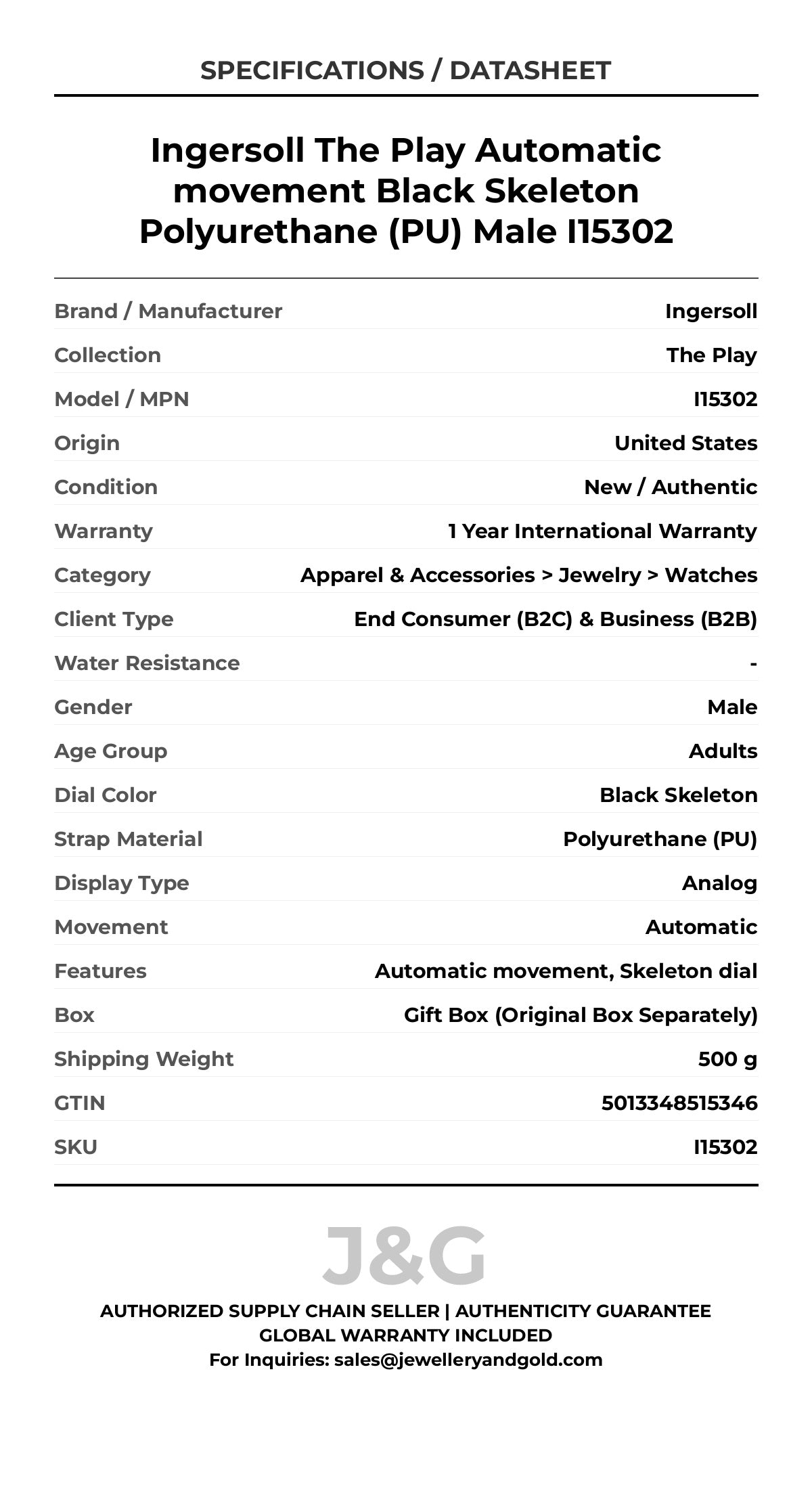 Ingersoll The Play Automatic movement Black Skeleton Polyurethane (PU) Male I15302 - Specifications