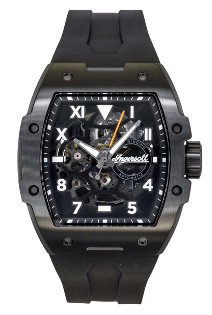 Ingersoll The Play Automatic movement Black Skeleton Polyurethane (PU) Male I15302. A brand-new Ingersoll The Play watch featuring a Black Skeleton dial and a Polyurethane (PU) strap. Angled view.