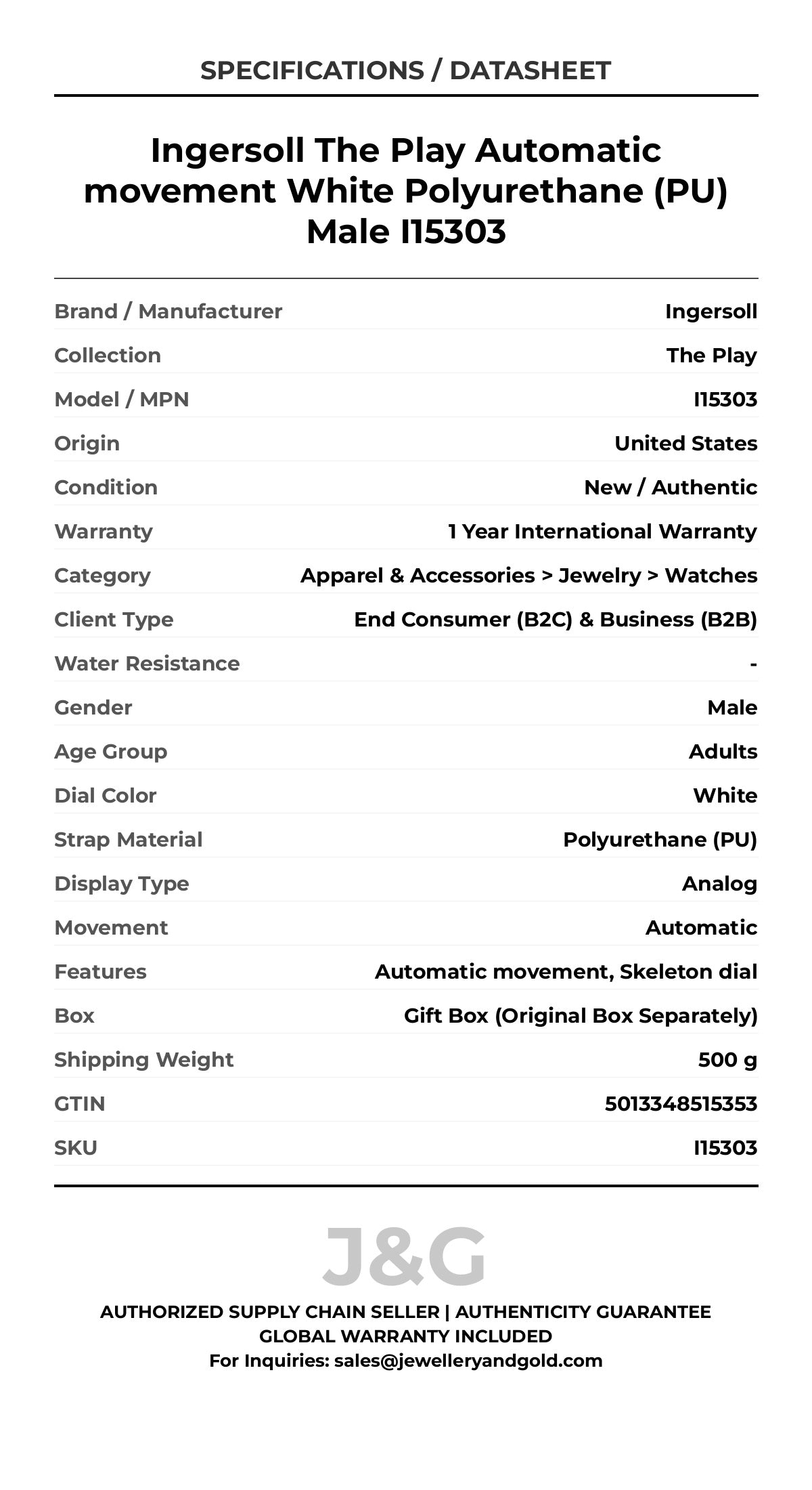 Ingersoll The Play Automatic movement White Polyurethane (PU) Male I15303 - Specifications