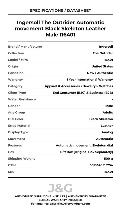 Ingersoll The Outrider Automatic movement Black Skeleton Leather Male I16401 - Specifications