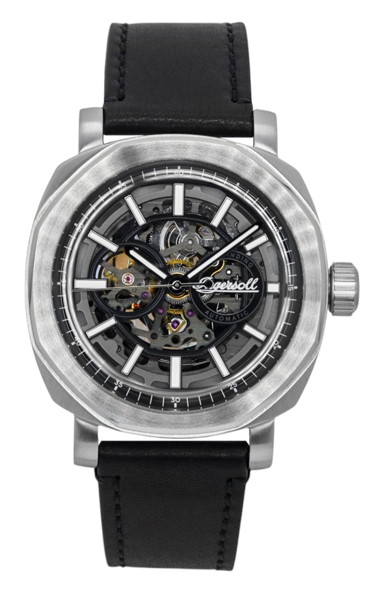Ingersoll The Outrider Automatic movement Black Skeleton Leather Male I16401. A brand-new Ingersoll The Outrider watch featuring a Black Skeleton dial and a Leather strap. Front view.