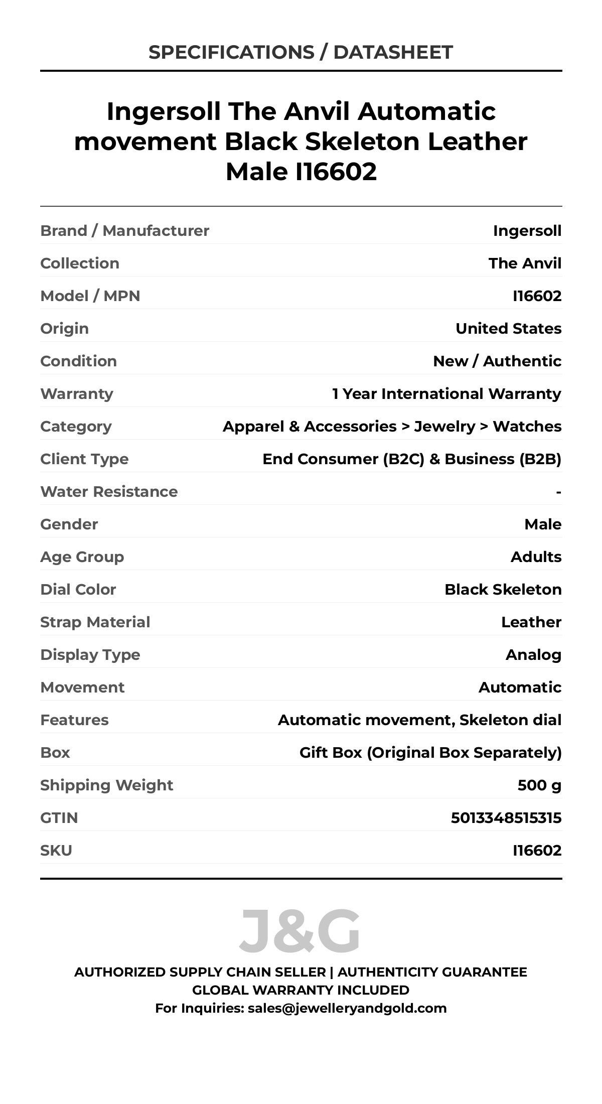 Ingersoll The Anvil Automatic movement Black Skeleton Leather Male I16602 - Specifications