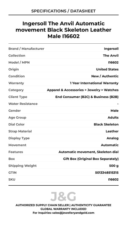 Ingersoll The Anvil Automatic movement Black Skeleton Leather Male I16602 - Specifications