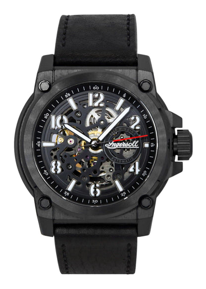 Ingersoll The Anvil Automatic movement Black Skeleton Leather Male I16602. A brand-new Ingersoll The Anvil watch featuring a Black Skeleton dial and a Leather strap. Side view.