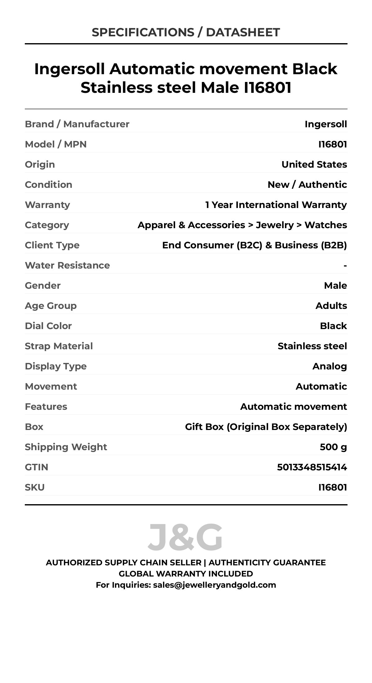 Ingersoll Automatic movement Black Stainless steel Male I16801 - Specifications