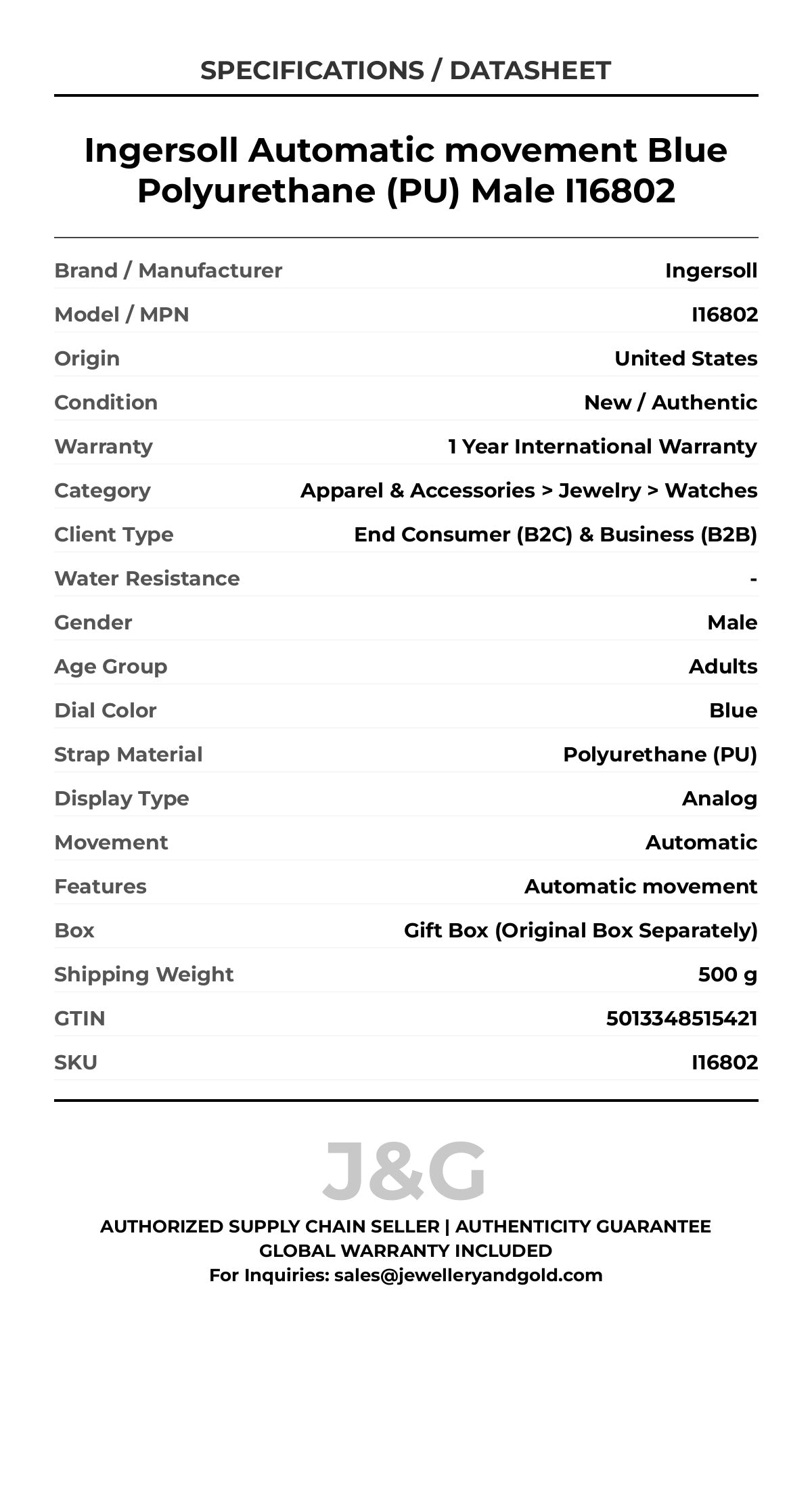Ingersoll Automatic movement Blue Polyurethane (PU) Male I16802 - Specifications