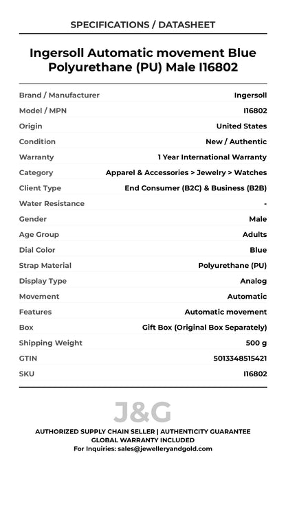 Ingersoll Automatic movement Blue Polyurethane (PU) Male I16802 - Specifications