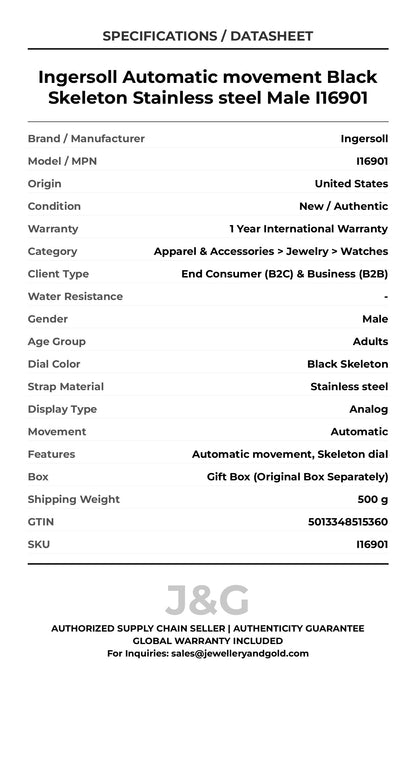 Ingersoll Automatic movement Black Skeleton Stainless steel Male I16901 - Specifications