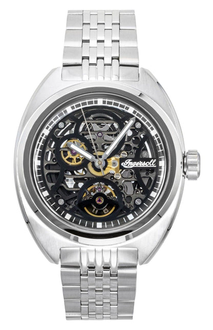 Ingersoll Automatic movement Black Skeleton Stainless steel Male I16901. A brand-new Ingersoll watch featuring a Black Skeleton dial and a Stainless steel strap. Angled view.