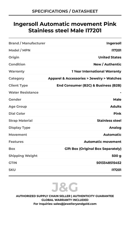 Ingersoll Automatic movement Pink Stainless steel Male I17201 - Specifications