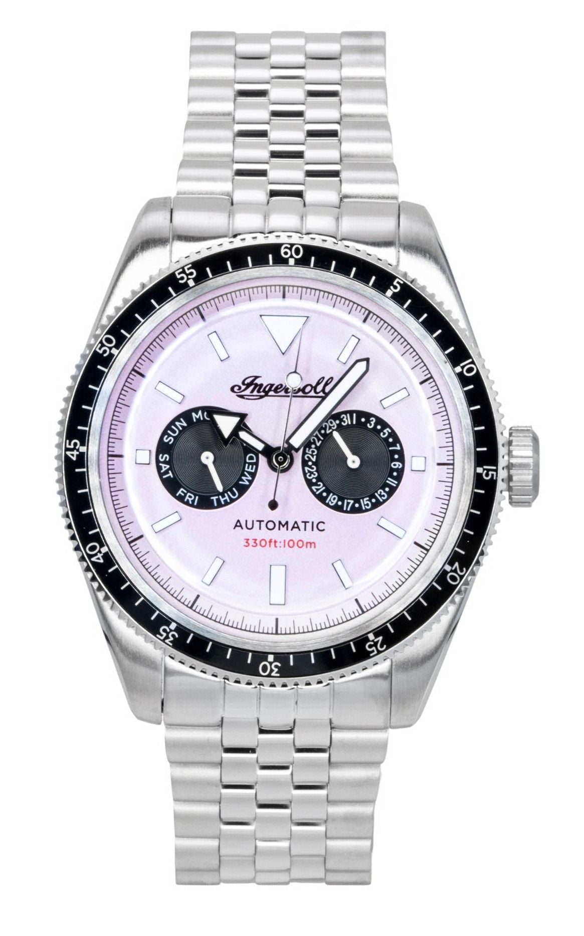 Ingersoll Automatic movement Pink Stainless steel Male I17201. A brand-new Ingersoll watch featuring a Pink dial and a Stainless steel strap. Side view.